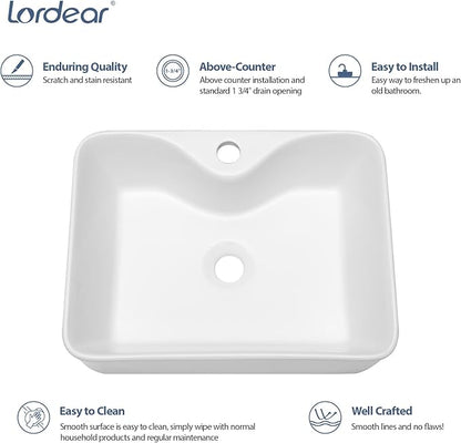 Lordear Bathroom Vessel Sink 16"x12" Rectangle Above Counter White Porcelain Ceramic Modern Vanity Sink Art Basin Sink for Bathroom