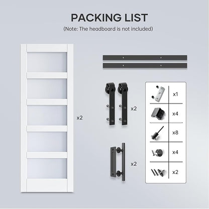 Double 32×80 Inch Glass Barn Door Slab and 11ft Hardware Kit Included, 5 Frosted Glass, LVL Wood Panel Covered with White Water-Proof Scratch-Proof PVC Surface, Simple DIY Assembly
