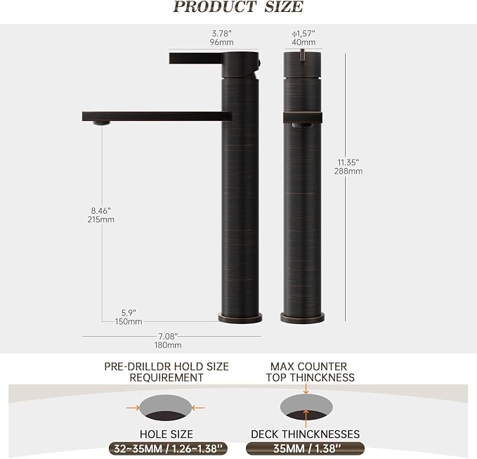 One Hole Tall Bathroom Vessel Sink Faucet, Oil Rubbed Bronze Single Hole Single Handle Modern Bathroom Faucet, with Pop Up Drain and Water Supply Line, FH02-ORB-V