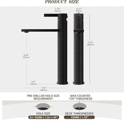One Hole Tall Bathroom Vessel Sink Faucet, Oil Rubbed Bronze Single Hole Single Handle Modern Bathroom Faucet, with Pop Up Drain and Water Supply Line, FH02-ORB-V