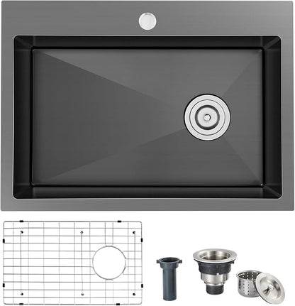 24x18x9 Inch Drop in Kitchen Sink | 304 Black Stainless Steel Single Bowl,Right Offset Drain, R10 Tight Corner, Topmount Kitchen Sink with Strainer & Bottom Grid