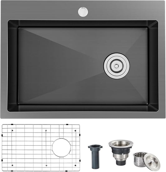 24x18x9 Inch Drop in Kitchen Sink | 304 Black Stainless Steel Single Bowl,Right Offset Drain, R10 Tight Corner, Topmount Kitchen Sink with Strainer & Bottom Grid