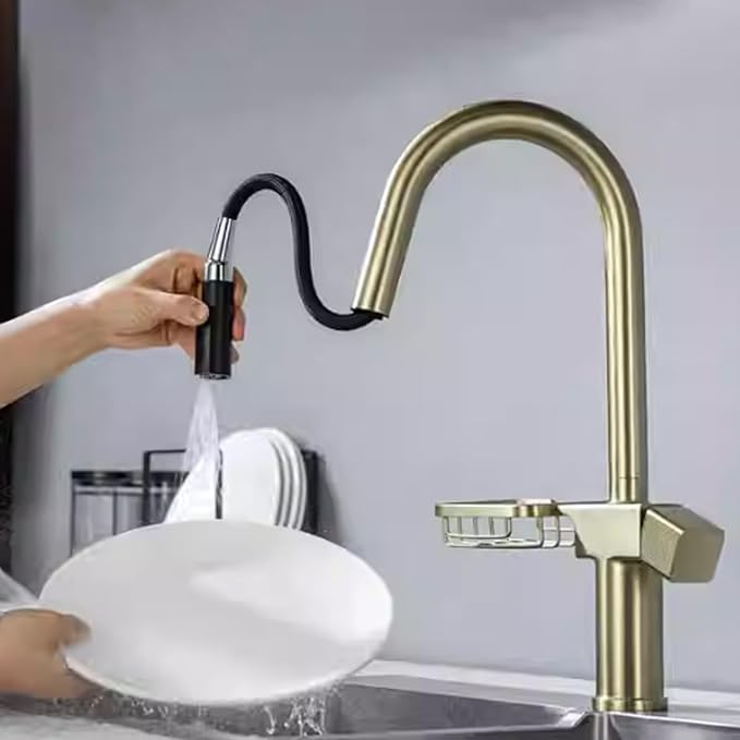 JRUIA Gold Extendable Bathroom Faucet, 360° Swivel Brass Faucet, Kitchen and Sink Mixer Tap, Modern Faucet with Soap Holder,Gold