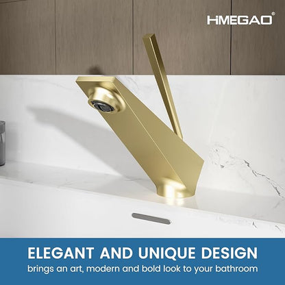 Bathroom Sink Faucet Brushed Gold, Single Handle Brass Sink Faucet with Unique Design, Single Hole Basin Mixer for Lavatory, Vanity, RV, Modern Farmhouse, Suitable for 1 Hole