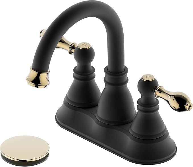 Two Handle Bathroom Sink Faucet,3 Hole with Overflow Pop up Drain, 360° Swivel Spout 4 Inch Centerset Lavatory Faucet,Matte Black with Polished Brass Trim Finished,F-4501-MG