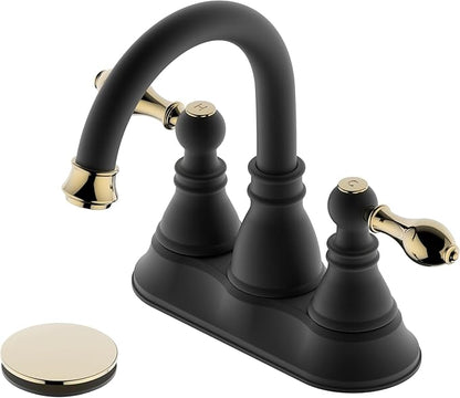 Two Handle Bathroom Sink Faucet,3 Hole with Overflow Pop up Drain, 360° Swivel Spout 4 Inch Centerset Lavatory Faucet,Matte Black with Polished Brass Trim Finished,F-4501-MG