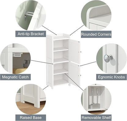 Small Bathroom Storage Cabinet, 30" Tall Freestanding Corner Floor Cabinet with 2 Doors & 5 Shelves (2 Adjustable), Narrow Toilet Paper Holder Organizer for Small Spaces, White
