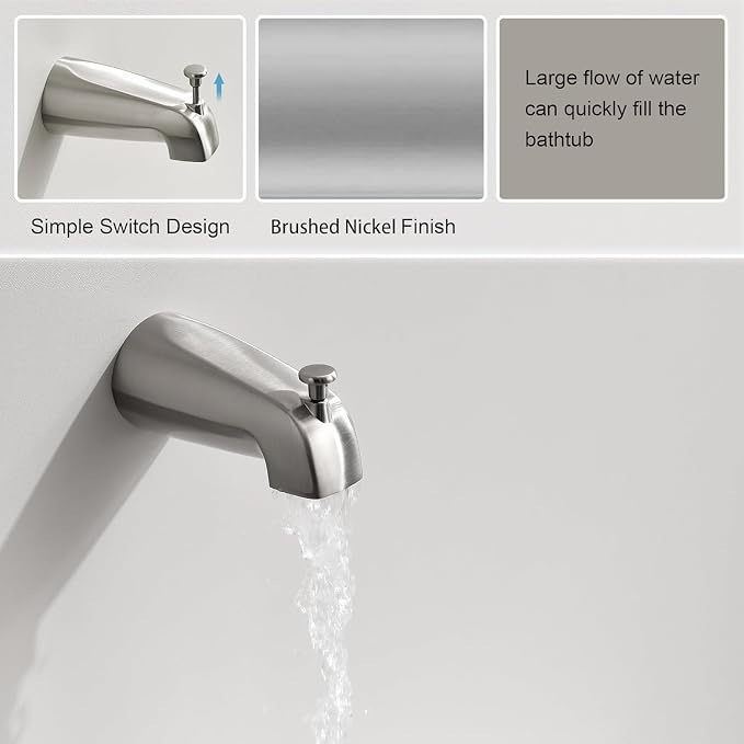 Tub Spout with Diverter, Slip On Bathtub Spout Fits 1/2'' Copper Tube(5/8'' Dia), Bathroom Tub Faucet with PTFE Tape & Hex Wrench, Brushed Nickel