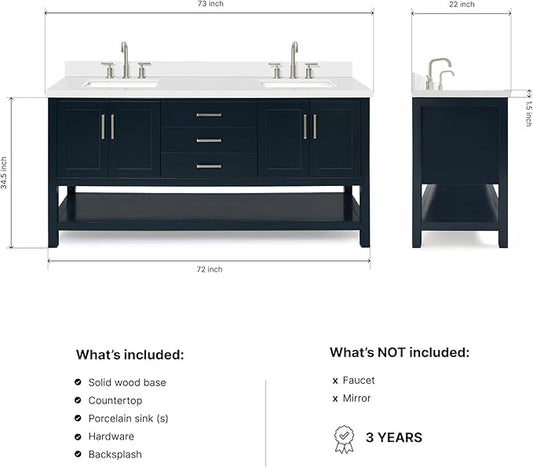 DKB Olivia 72" Midnight Blue Double Bathroom Vanity, 1.5" Pure White Quartz Countertop, Rectangular Undermount Sinks, 4 Soft-Closing Doors, 3 Dovetail Full Extension Drawers