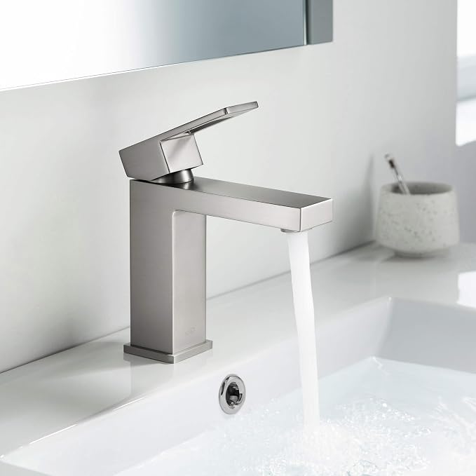 KBF1002 Solid Brass Single Handle Bathroom Sink Faucet | High Arc Cubic Spout Lavatory Faucet in Brushed Nickel | Corrosion-Resistant, Modern Design - Easy to Install