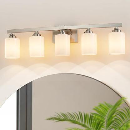 Bathroom Light Fixtures, Vanity Light Over Mirror Nickel 5-Light Fixture | Modern bathroom vanity light fixture with metal frame, ideal for mirrors, bedrooms and hallways. Fits E26 bulbs.