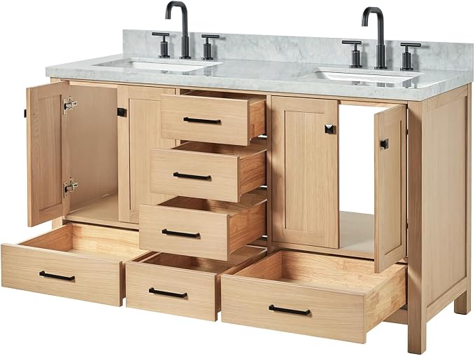 ARIEL Cambridge 60-inch Bathroom Vanity with Sink,Solid Wood, 1.5-inch Italian Carrara Marble Countertop, Double Rectangular Porcelain Sink, 4 Soft Closing Doors, 6 Dovetail Drawers, White Oak