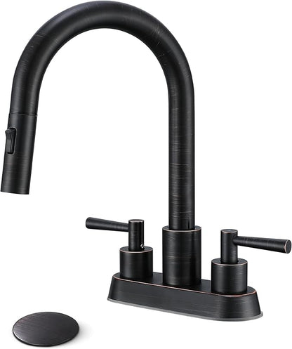 Bathroom Faucet with Pull Out Sprayer,Pull Down Bathroom Faucet 3 Holes,ORB | 4 Inch Centerset Vanity Faucet, Lead-Free,2 Handle Faucet with Pop Up Drain, Stainless Steel 3 Hole Faucet for RV Laundry