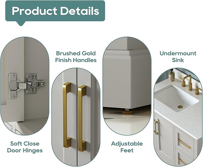 36 Inch Bathroom Vanity with Sink Combo, Solid Wood Frame with Mable Top &Backspalsh, Fully-Assembled with Soft-Closing Doors & 4 Drawers, Greige