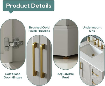 36 Inch Bathroom Vanity with Sink Combo, Solid Wood Frame with Mable Top &Backspalsh, Fully-Assembled with Soft-Closing Doors & 4 Drawers, Greige