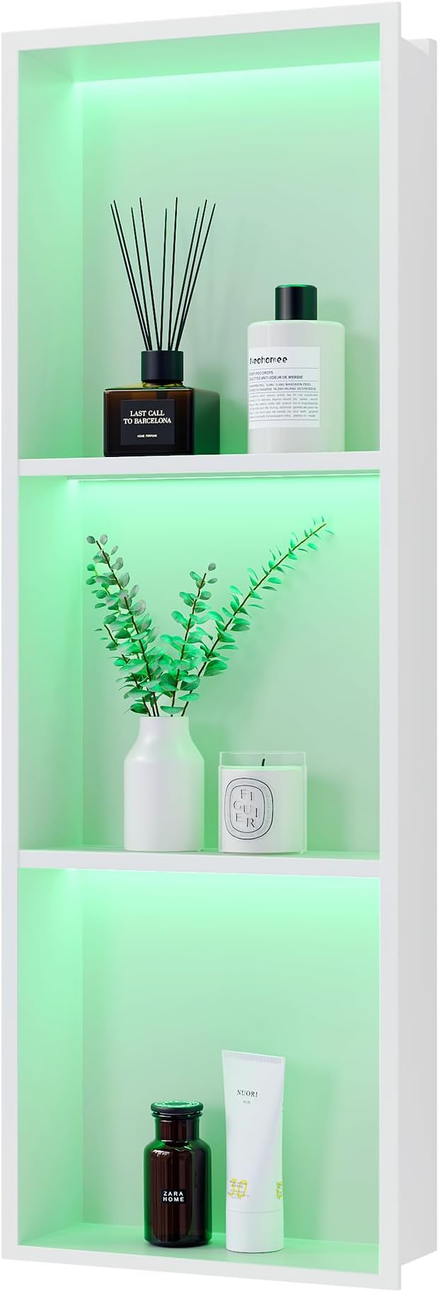 3-Tier 12x36Inch Wall Niche with RGB Lights, White Recessed Stainless Steel Shower Niche with RGB Colorful Remote Control, NO Tile Needed Bathroom Storage Organizer Waterproof