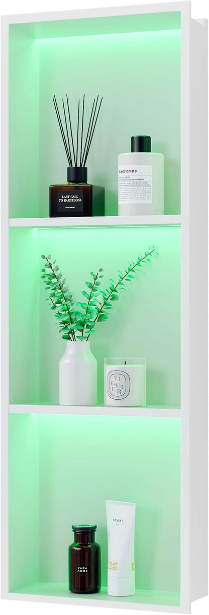 3-Tier 12x36Inch Wall Niche with RGB Lights, White Recessed Stainless Steel Shower Niche with RGB Colorful Remote Control, NO Tile Needed Bathroom Storage Organizer Waterproof