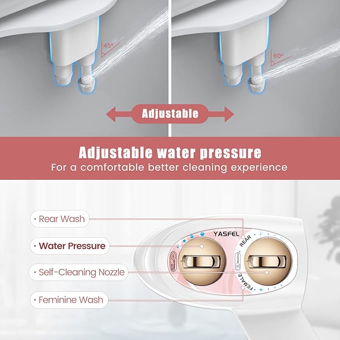 YASFEL Bidet Attachment for Toilet - Self-Cleaning Bidet with Pressure Controls, Non-Electric Cold with Dual Nozzles for Frontal/Rear Wash (Rose Gold)