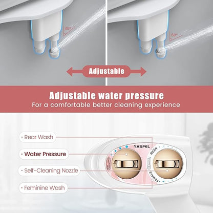 YASFEL Bidet Attachment for Toilet - Self-Cleaning Bidet with Pressure Controls, Non-Electric Cold with Dual Nozzles for Frontal/Rear Wash (Rose Gold)