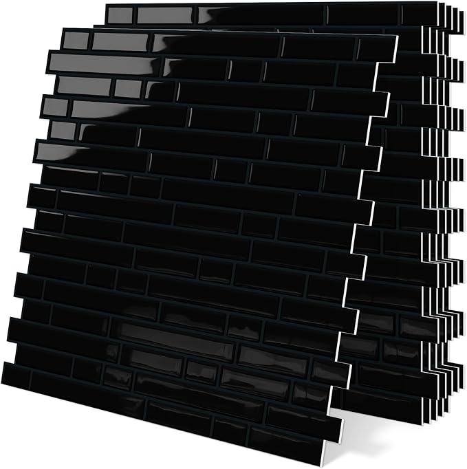 Black Peel and Stick Backsplash 3D Self Adhesive Wall Tile 10 Sheet | Thick,Sticky,12"x12",Marble,for Kitchen,Bathroom