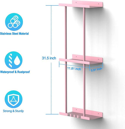 Towel Rack for Bathroom, Wall Mounted Vertical Rolled Towel Storage Organizer Holder with Shelf, Holds Up 6 Large Bath Sheets, Pink Large Size