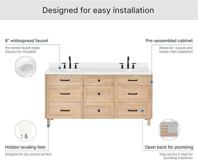 ARIEL Monroe 72-inch Bathroom Vanity with Sink,Solid Wood, 1.5-inch Pure White Quartz Countertop & Backsplash, Double Rectangular Porcelain Sink, 9 Dovetail Drawers, Matte Black, White Oak
