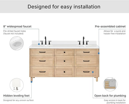 ARIEL Monroe 72-inch Bathroom Vanity with Sink,Solid Wood, 1.5-inch Pure White Quartz Countertop & Backsplash, Double Rectangular Porcelain Sink, 9 Dovetail Drawers, Matte Black, White Oak