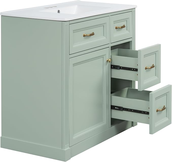 36" Bathroom Vanity with Ceramic Sink,Modern Freestanding Storage Cabinet w/Soft-Close Door and 2 Tip-Out & 2 Drawers,Undermount Single Basin Bath Vanity Set w/Adjustable Shelf,Green