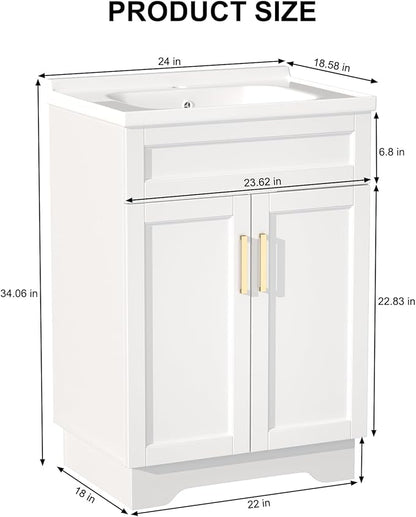 OLD CAPTAIN Bathroom Vanity with Ceramic Sink, Wooden Double Door Bathroom Storage Vanity with 24 Inch, Small Quick Assembly Bathroom Cabinet (White)