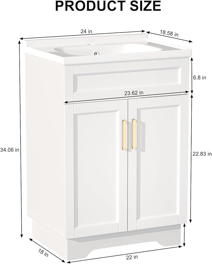 Bathroom Vanity with Ceramic Sink, Bathroom Vanity Cabinet with 2 Doors, 24 Inches Wooden Cabinet with Sink, White
