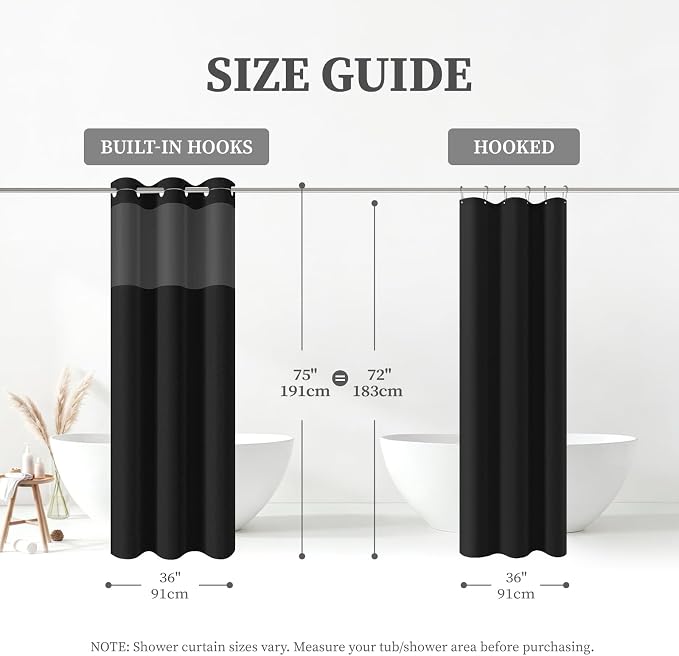 36x75 Ringless Linen Textured Shower Curtain with Snap in Liner, Black | Half Size, 3 in 1 Shower Curtain Set, Removable Liner, Waterproof & Washable, Mesh Top Window, Durable Fabric, Easy Setup