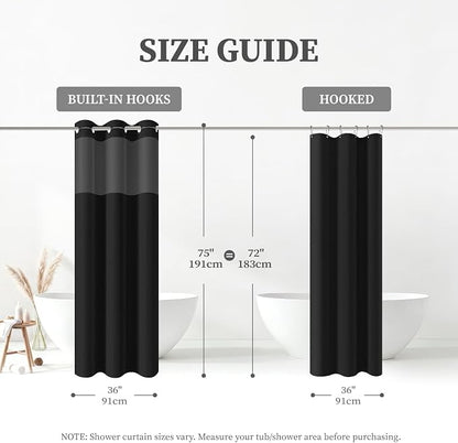 36x75 Ringless Linen Textured Shower Curtain with Snap in Liner, Black | Half Size, 3 in 1 Shower Curtain Set, Removable Liner, Waterproof & Washable, Mesh Top Window, Durable Fabric, Easy Setup