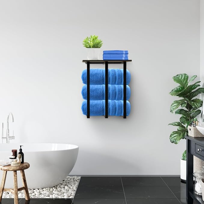 Towel Rack Wall Mounted with Shelf, Beautiful Storage for Small Bathroom, Neat Organizer for Rolled Towels, 3 Sturdy Iron Bars & Holds 25kg Weight