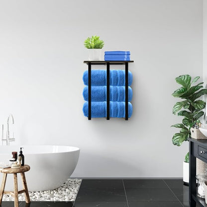 Towel Rack Wall Mounted with Shelf, Beautiful Storage for Small Bathroom, Neat Organizer for Rolled Towels, 3 Sturdy Iron Bars & Holds 25kg Weight