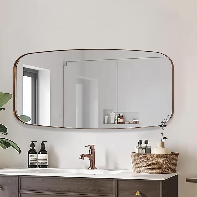 Brushed Bronze Bathroom Mirror, 24x48 Oblong Mirror with Stainless Steel Metal Frame, Oval Vanity Mirror for Over Sink, Modern Anti Rust Wall Mounted