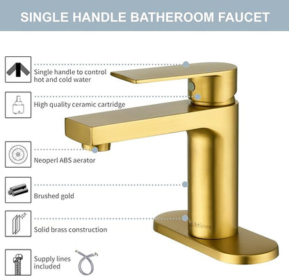Gold Bathroom Faucet 1 Hole, Single Handle Bathroom Vanity Sink Faucet with Deck Plate & Metal Pop-Up Drain & Supply Lines, Gold Brushed Finish