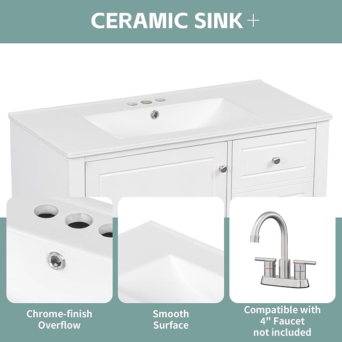 Merax Bathroom Vanity with Ceramic Sink 36 Inch, Cabinet with One Door and Three Drawers, Soft-Closing Door, Solid Wood Legs, White
