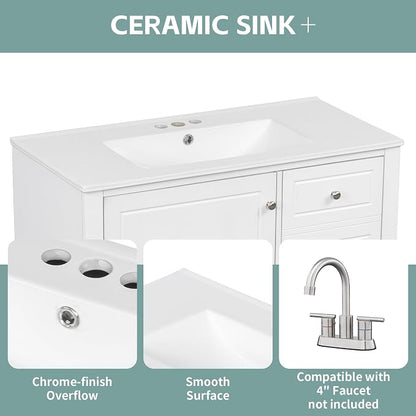 Merax Bathroom Vanity with Ceramic Sink 36 Inch, Cabinet with One Door and Three Drawers, Soft-Closing Door, Solid Wood Legs, White