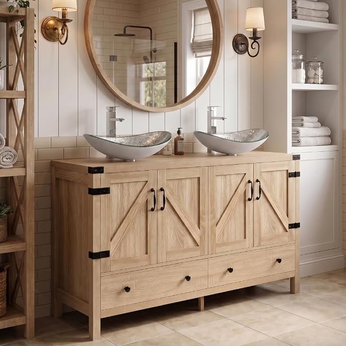 48 inch Natural Color Bathroom Vanity, Rustic Fixture Standing Pedestal Cabinet with Two Silver Boat Vessel Sinks