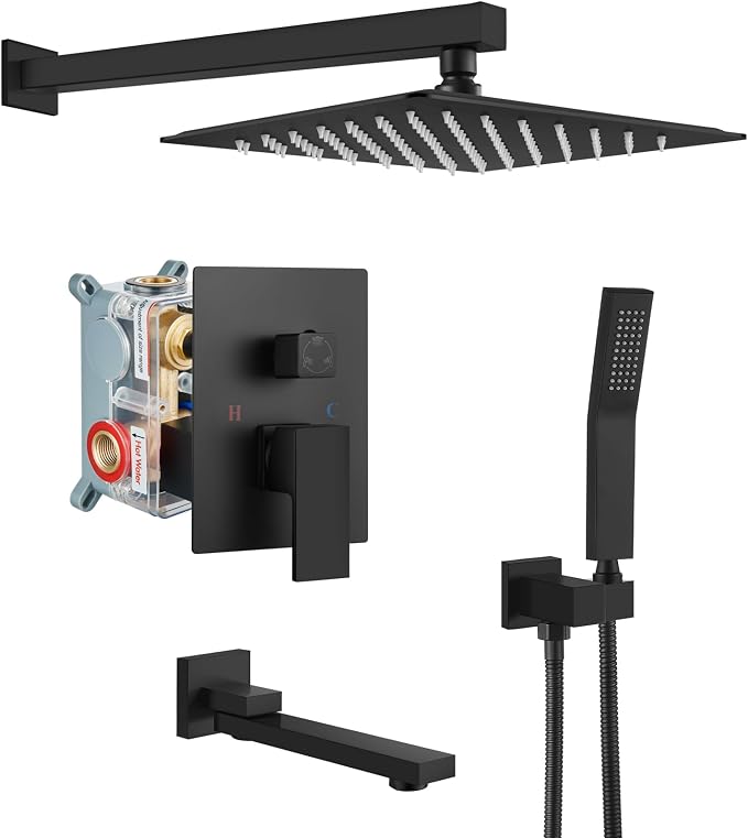 gotonovo Tub Shower Faucet Set with Valve Kit 12’’ Head,Matte Black | Shower System with Tub Spout,SUS304 Rain Head with Handheld Sprayer,Swivel Spout,All Metal,Rough-In Valve Trim Kit,Wall Mount