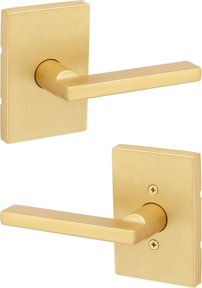 Kwikset Halifax Interior Passage Door Handle, Lever for Closet and Hallway Doors, Reversible Rectangle Non-Locking Handle Lever, Satin Brass, with Microban Protection