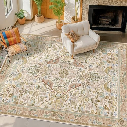 Hazo Haus Washable Area Rugs 5x7 for Living Room - Boho Cottagecore Earthy Rugs for Bedroom, Dining Room, Office with Vintage Beige Taupe Botanical & Bird Pattern, Non Slip Stain Resistant Low Pile