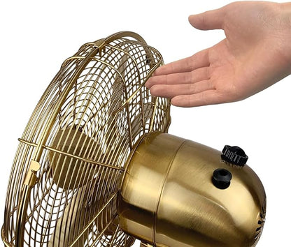 Good Housekeeping 92613 All-Metal 12" Retro Desk Office Table Fan with Wide Oscillation, 3-Speed Settings & Carrying Handle, Satin Brass