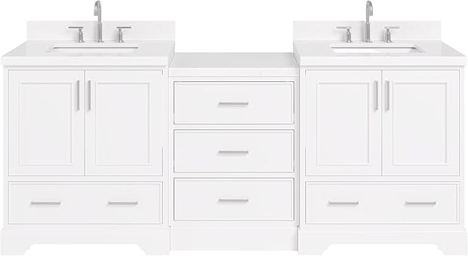 ARIEL Stafford 84-inch Bathroom Vanity with Sink,Solid Wood, 1.5in Carrara White Quartz Countertop & Backsplash, Double Rectangular Porcelain Sink, 4 Soft Closing Doors, 5 Dovetail Drawers, White