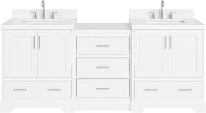 ARIEL Stafford 84-inch Bathroom Vanity with Sink,Solid Wood, 1.5in Carrara White Quartz Countertop & Backsplash, Double Rectangular Porcelain Sink, 4 Soft Closing Doors, 5 Dovetail Drawers, White