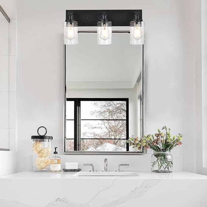 Vanity Lights 3-Lights Bathroom Light Fixtures Over Mirror in Black Finished, Bath Wall Lighting with Cylinder Seeded Glass