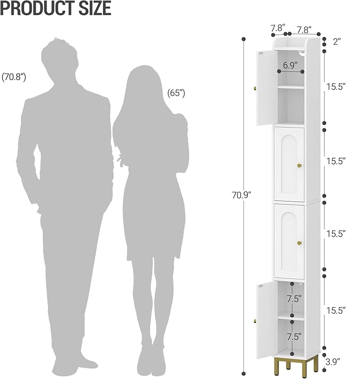Hzuaneri 4-Tier Narrow Tall Storage Cabinet | Slim Bathroom Storage Cabinet with 4 Adjustable Feet and Shelves, for Living Room, Laundry Room, White, 7.9"Dx7.9"Wx70.9"H