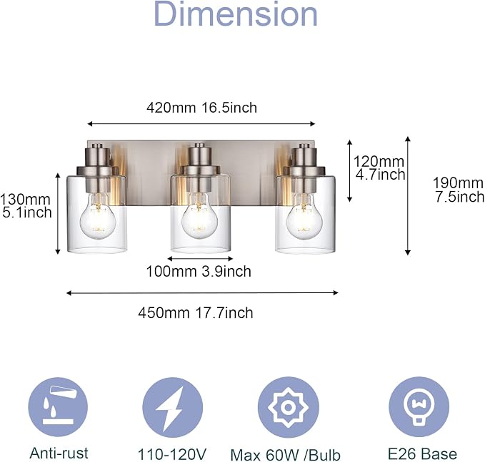 3 Light Bathroom Vanity Light Brushed Nickel Bathroom Lighting Fixtures Over Mirror with Clear Glass Shade, Modern Farmhouse Wall Sconces Vanity Lights for Bedroom Living Room