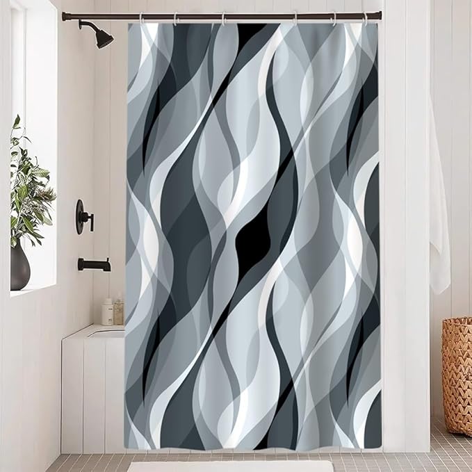 Blue Shower Curtain, Modern Abstract Blue and Grey Striped Shower Curtain Set for Bathroom Waterproof Polyester Shower Curtain with Hooks, 48x72 Inch