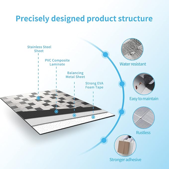 Art3d 10-Pack Metal Peel and Stick Backsplash Tile, Silver Aluminium | 12" x 12", Stainless Steel, Self Adhesive, Anti-Corrosion, Waterproof, Lightweight, Ideal for Kitchens, Bathrooms